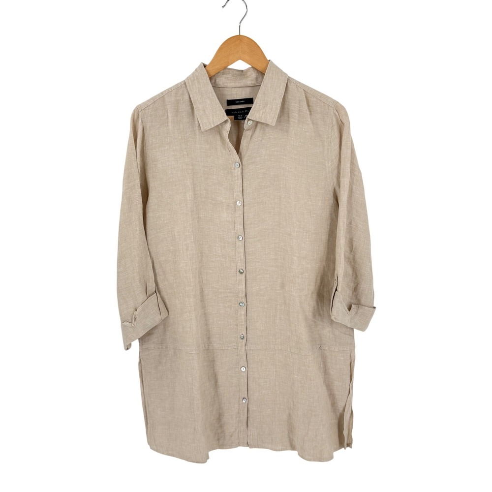 Tahari Tunic Shirt Beige Medium 100% Linen Button Down 3/4 Sleeve Longline Top